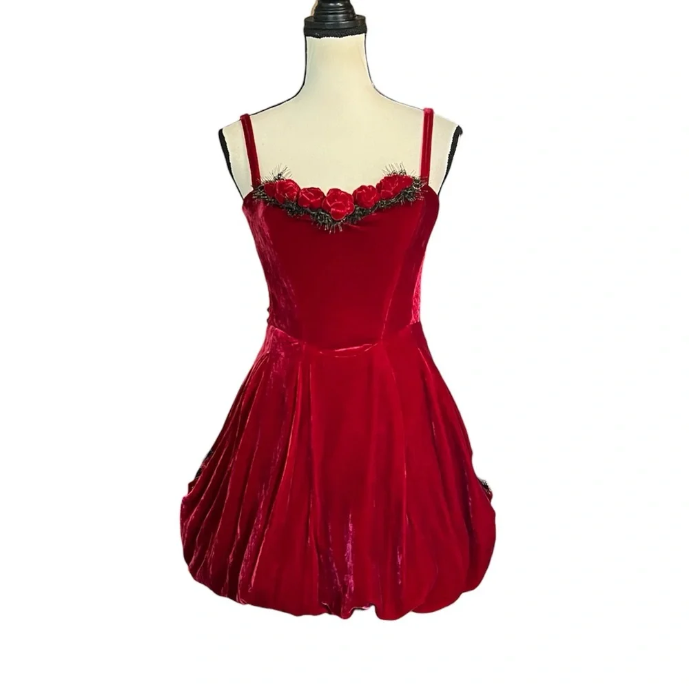 NWT Vintage Betsey Johnson Red Velvet Black Lace 3D Rose Cupcake Mini Dress - Picture 3 of 10